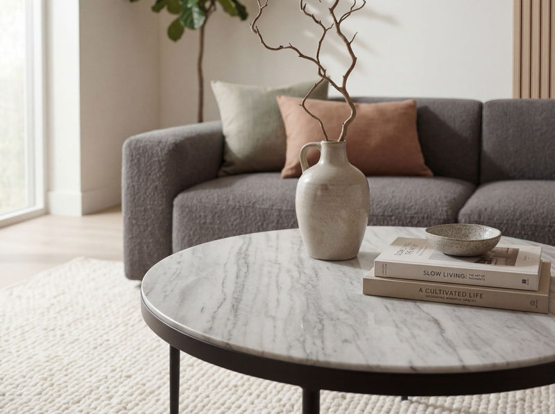 Couchtisch Toronto Marmor Weiß rund 70 cm mit schwarzem Metallgestell