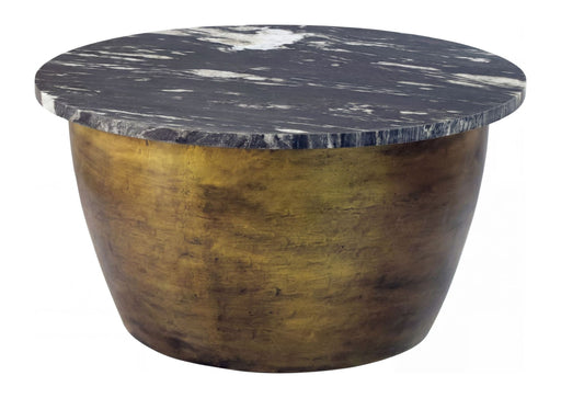 Couchtisch Marmor Gold 60 cm rund mit schwarzer Marmorplatte und goldenem Metallgestell in Gesamtansicht.