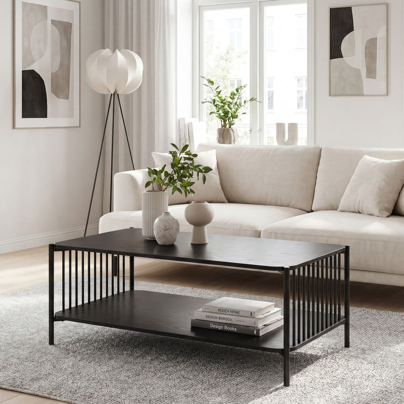 Couchtisch Eiche-Optik Schwarz im Loft-Design mit Ablage, 110x60 cm