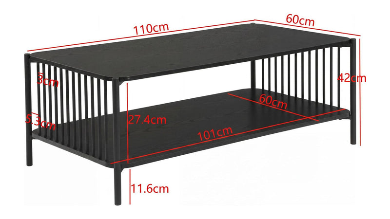 Couchtisch Eiche-Optik Schwarz im Loft-Design mit Ablage, 110x60 cm