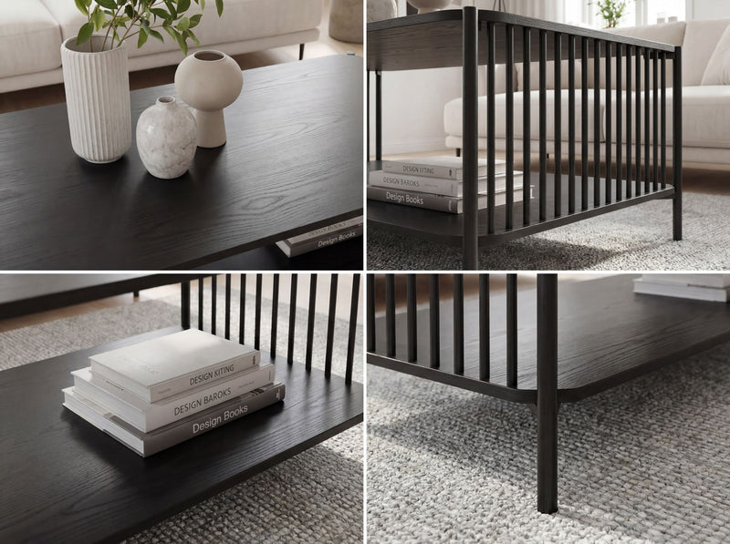 Couchtisch Eiche-Optik Schwarz im Loft-Design mit Ablage, 110x60 cm