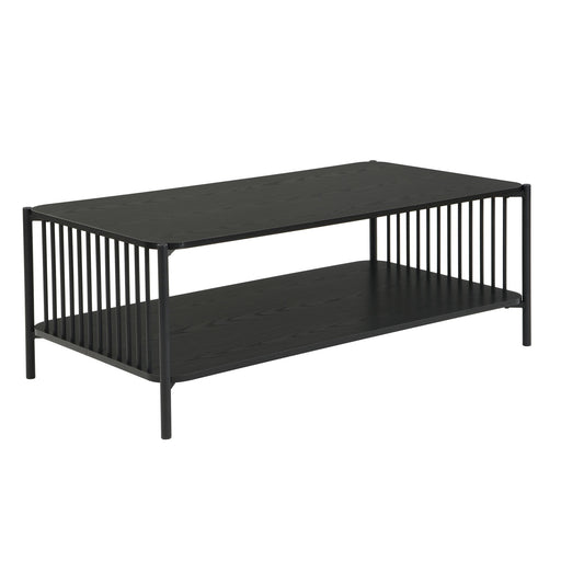 Couchtisch Eiche-Optik Schwarz im Loft-Design mit schwarzer MDF-Tischplatte, Metallgestell und offener Ablage in Gesamtansicht.