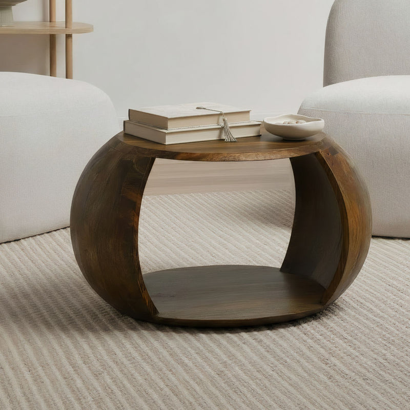 Couchtisch Mango Massivholz rund mit Ablagefach im Landhaus-Design