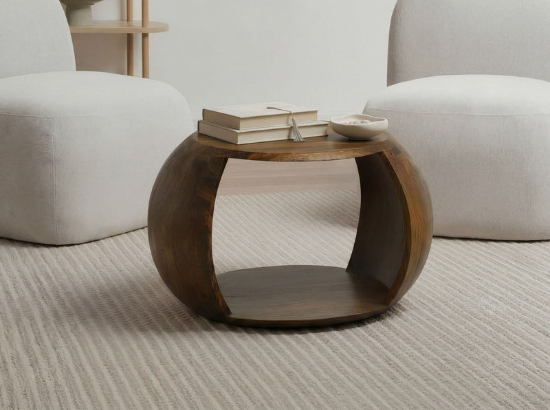 Couchtisch Mango Massivholz rund mit Ablagefach im Landhaus-Design