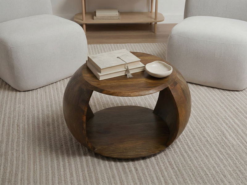 Couchtisch Mango Massivholz rund mit Ablagefach im Landhaus-Design