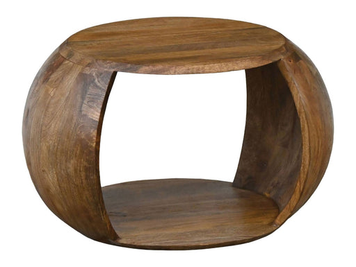 Couchtisch Mango Massivholz rund mit Ablagefach im Landhaus-Design, Gesamtansicht mit gewölbten Seitenwänden.