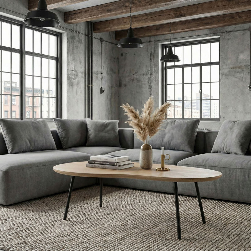 Couchtisch Nierenform Mango Massivholz White Wash mit Metallbeinen