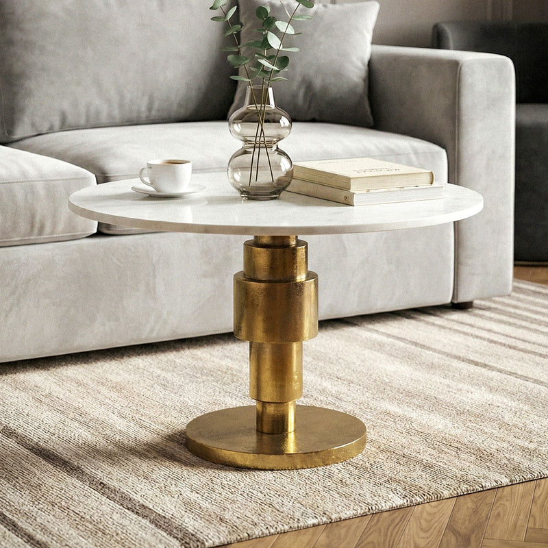 Couchtisch Gold mit weißer Marmorplatte, Ø 60 cm, Aluminiumgestell