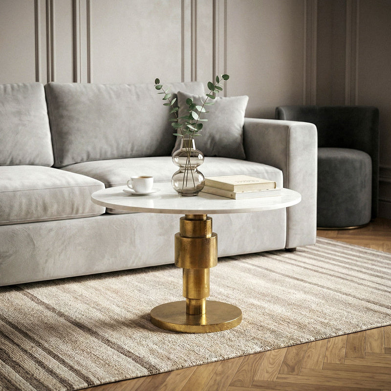 Couchtisch Gold mit weißer Marmorplatte, Ø 60 cm, Aluminiumgestell