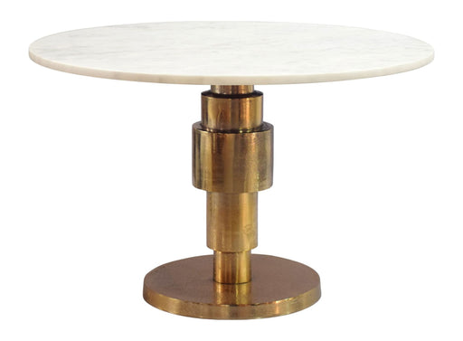 Couchtisch Gold mit weißer Marmorplatte von oben, runde weiße Marmorplatte auf goldenem Aluminiumgestell.
