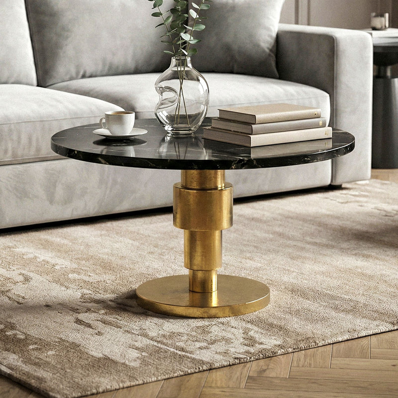 Couchtisch Marmor Schwarz mit goldenem Aluminiumgestell, rund 60 cm