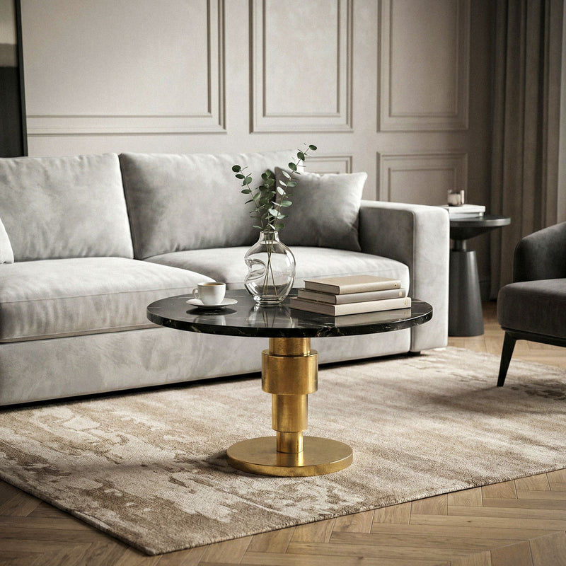 Couchtisch Marmor Schwarz mit goldenem Aluminiumgestell, rund 60 cm