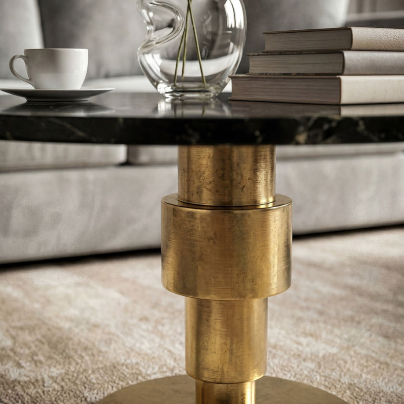 Couchtisch Marmor Schwarz mit goldenem Aluminiumgestell, rund 60 cm