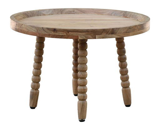 Couchtisch Akazie 60 cm Rund mit Massivholz-Tischplatte und drei gedrechselten Holzbeinen in Gesamtansicht.