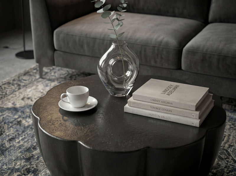 Couchtisch Blütenform Wohnling in Schwarz aus Aluminium, 60 cm rund