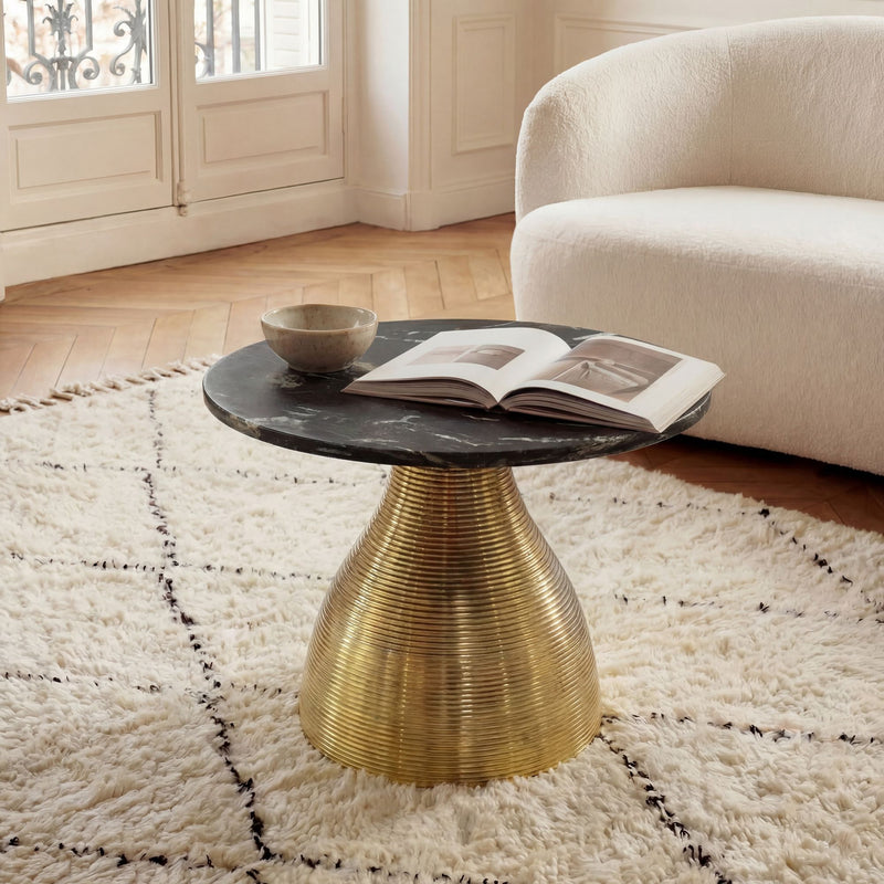 Couchtisch Marmor Schwarz Rund 60 cm mit Alu-Gestell Gold Wohnling