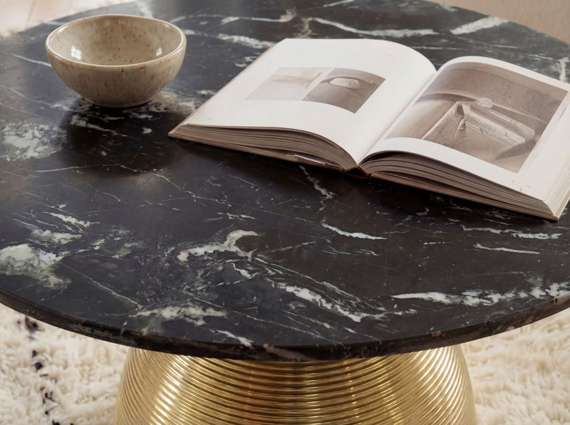 Couchtisch Marmor Schwarz Rund 60 cm mit Alu-Gestell Gold Wohnling