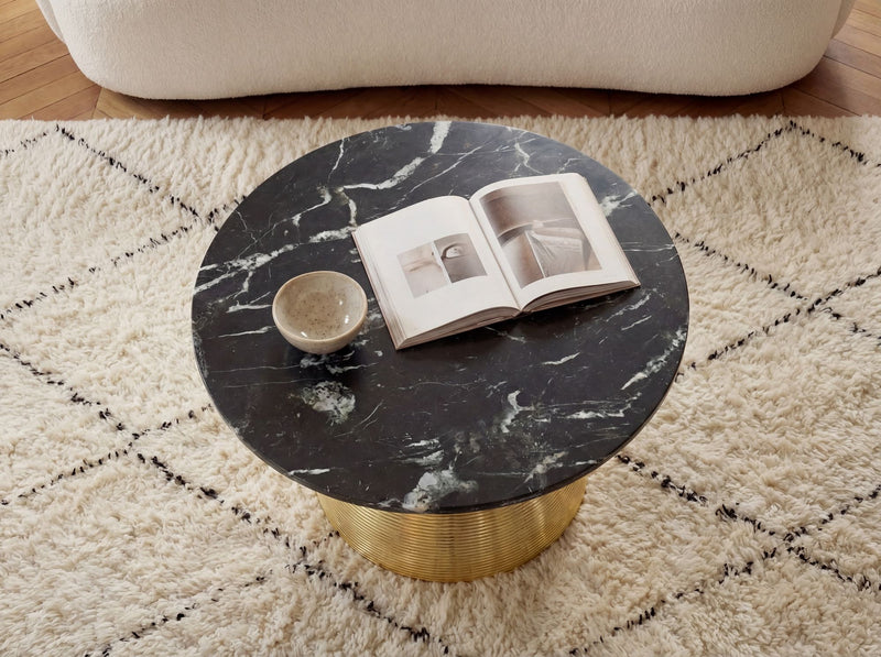 Couchtisch Marmor Schwarz Rund 60 cm mit Alu-Gestell Gold Wohnling