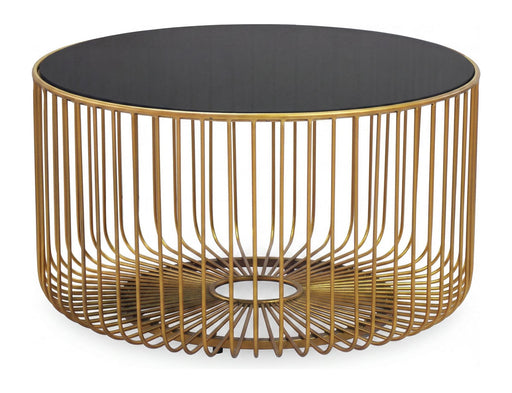 Couchtisch Rund 60 cm mit schwarzer Glasplatte und goldenem Metallgestell aus vertikalen Stäben in Gesamtansicht.