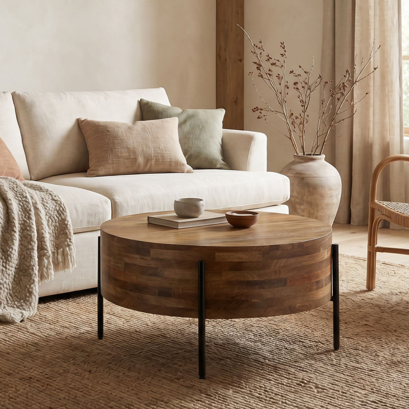 Couchtisch Mango 70 cm Massivholz mit Metallgestell, Industrial-Stil