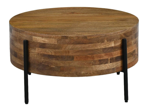 Couchtisch Mango 70 cm mit runder Massivholzplatte in Natur und schwarzen Metallbeinen, Gesamtansicht.