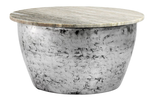Couchtisch Wohnling rund 60 cm mit runder Marmorplatte in Hellgrau und silbernem Metallgestell, Gesamtansicht.