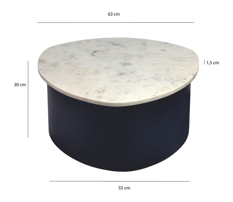 Couchtisch Marmor Weiß mit schwarzem Aluminiumgestell, organische Form