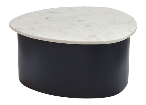 Couchtisch Marmor Weiß mit schwarzem Aluminiumgestell in organischer Form, Gesamtansicht.