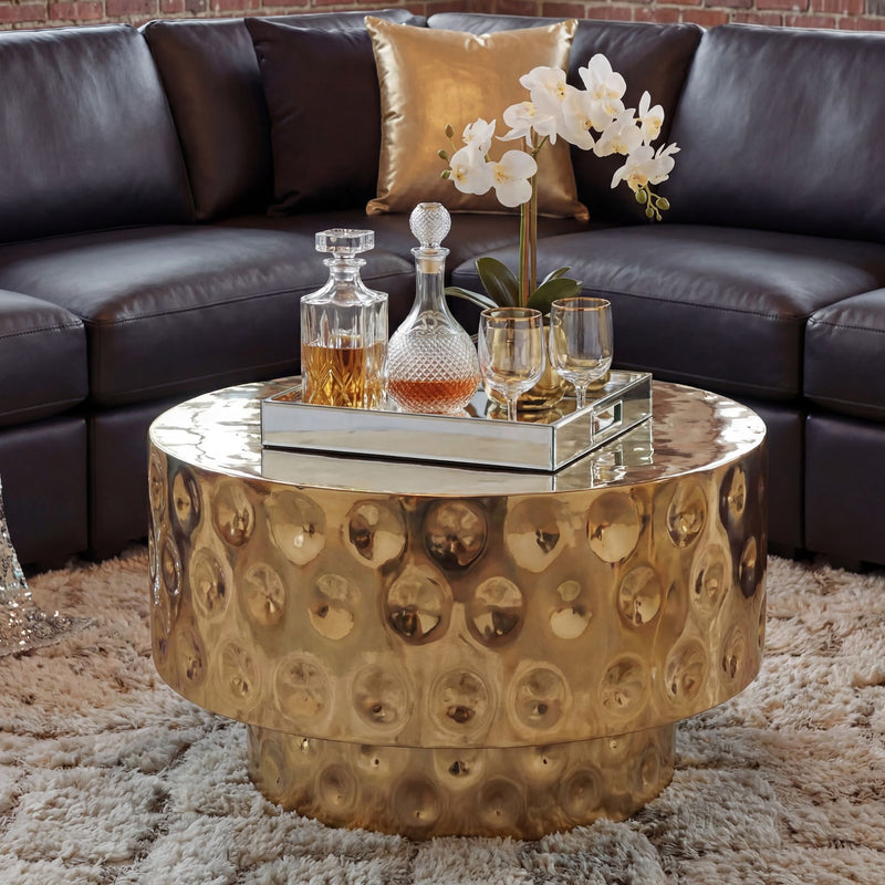 Couchtisch Trommelform 60 cm Gold aus Aluminium, Handmade