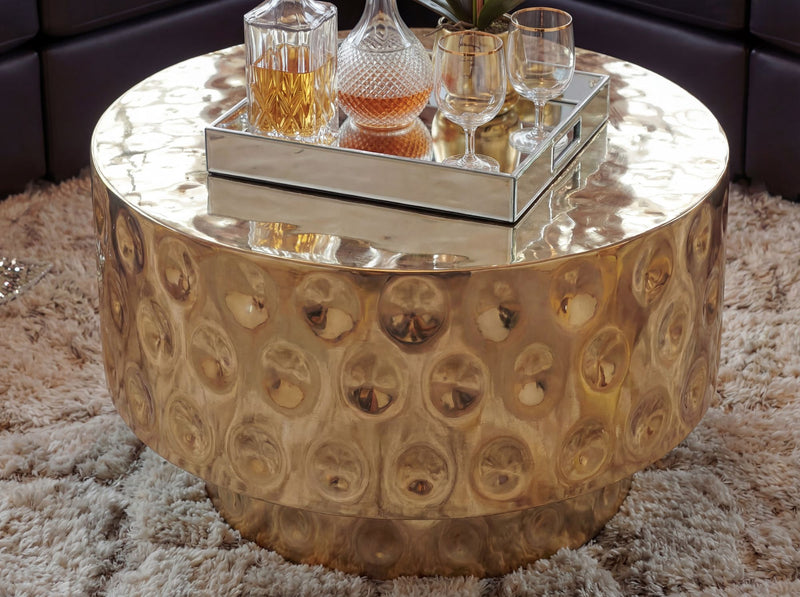 Couchtisch Trommelform 60 cm Gold aus Aluminium, Handmade