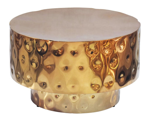 Couchtisch Trommelform 60 cm Gold aus Aluminium mit strukturierter goldener Oberfläche in Gesamtansicht.