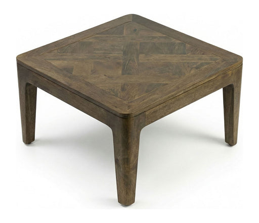 Couchtisch Mango Massivholz 60x60 cm Walnuss-Finish mit quadratischer Tischplatte und geometrischem Holzmuster.