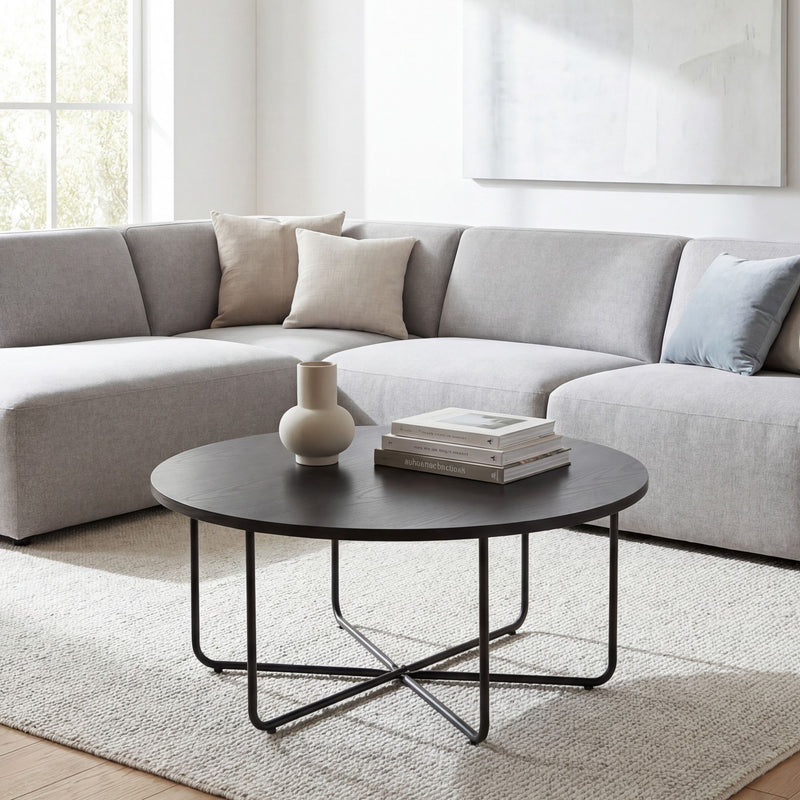 Couchtisch Rund 80 cm Schwarz mit Eiche-Optik und Metallgestell