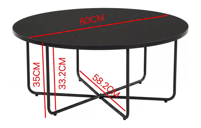 Couchtisch Rund 80 cm Schwarz mit Eiche-Optik und Metallgestell