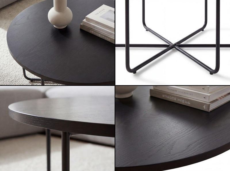 Couchtisch Rund 80 cm Schwarz mit Eiche-Optik und Metallgestell