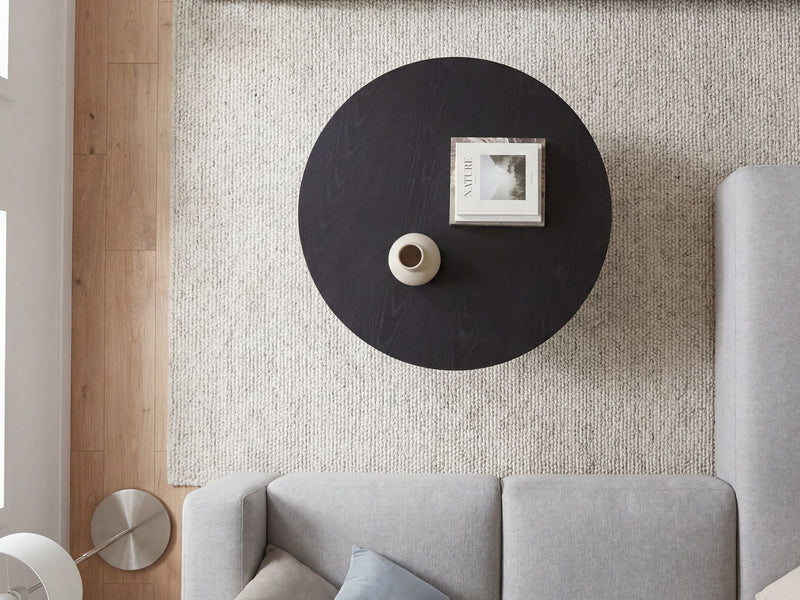 Couchtisch Rund 80 cm Schwarz mit Eiche-Optik und Metallgestell