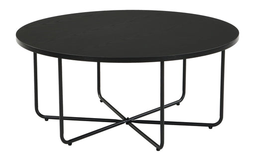 Couchtisch Rund 80 cm Schwarz in Gesamtansicht mit schwarzer Tischplatte, Eiche-Optik und Metallgestell.
