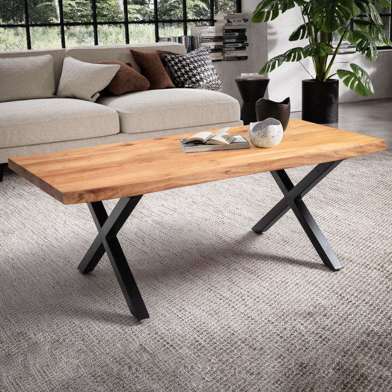 Couchtisch Akazie Massivholz 120x60 cm mit Baumkante, X-Gestell