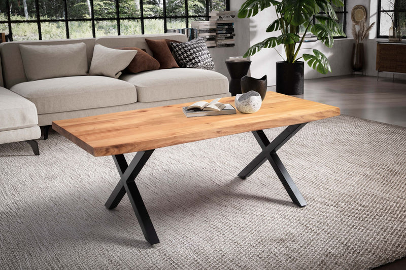Couchtisch Akazie Massivholz 120x60 cm mit Baumkante, X-Gestell