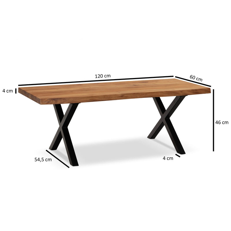 Couchtisch Akazie Massivholz 120x60 cm mit Baumkante, X-Gestell