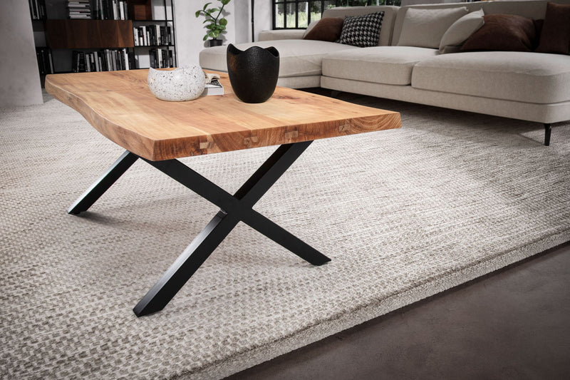 Couchtisch Akazie Massivholz 120x60 cm mit Baumkante, X-Gestell