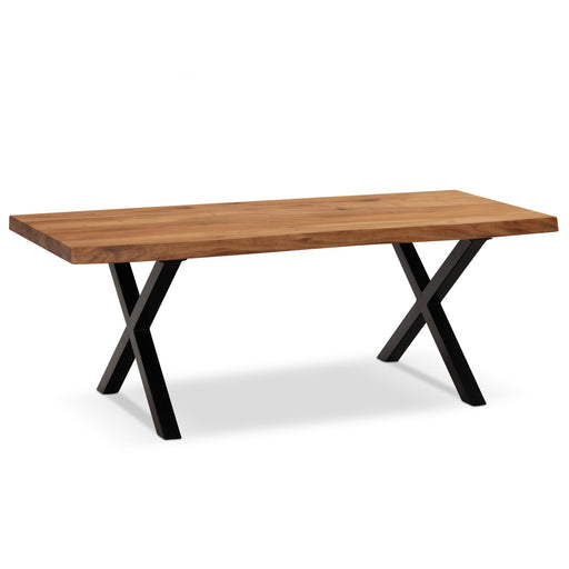Couchtisch Akazie Massivholz 120x60 cm mit Baumkante und schwarzem X-Gestell in Gesamtansicht.