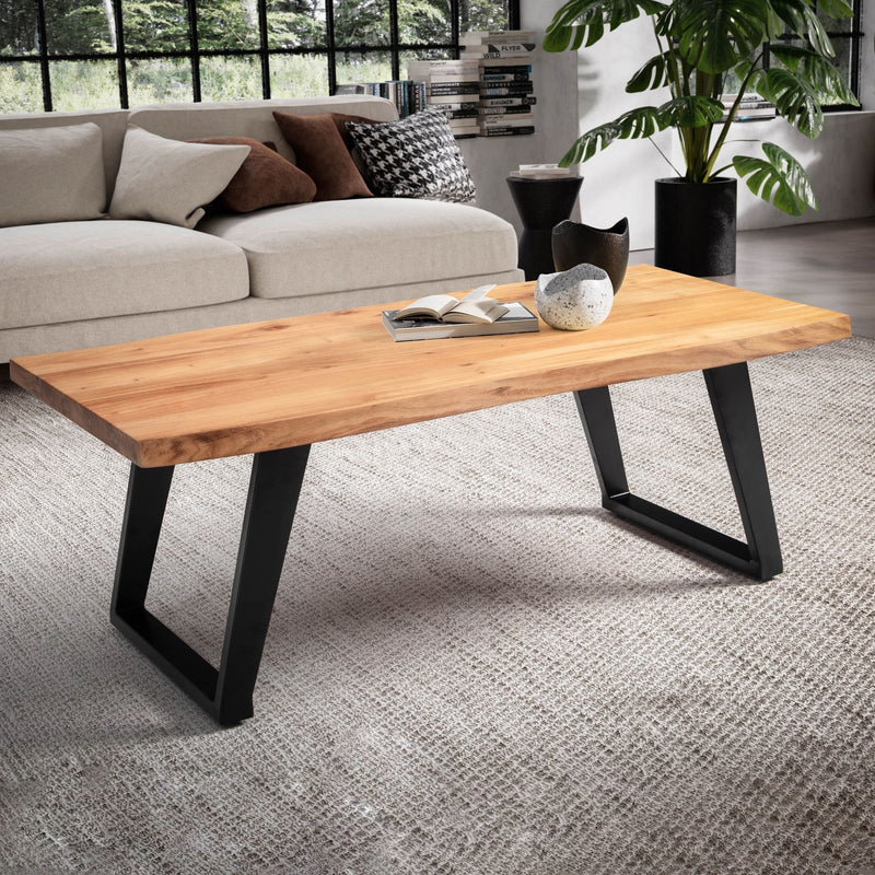 Couchtisch Akazie Massivholz mit Baumkante und Metallgestell