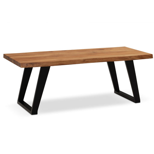 Couchtisch Akazie Massivholz mit Baumkante und schwarzem Metallgestell in Gesamtansicht.