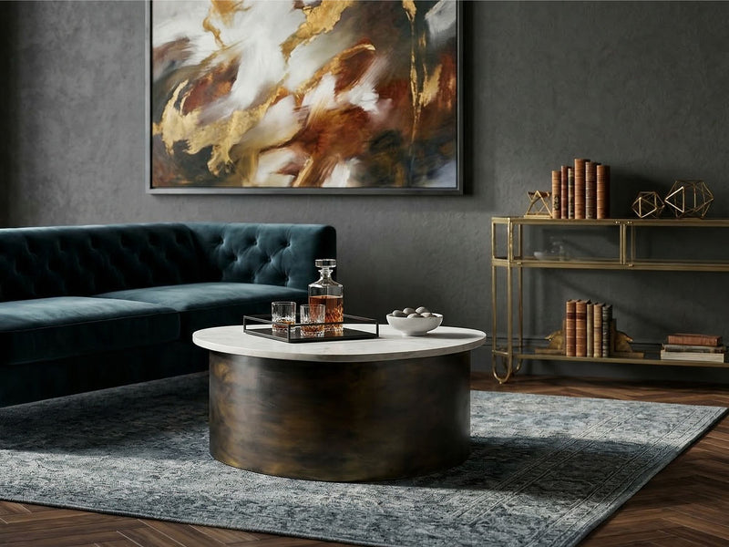 Couchtisch Gold 63 cm mit weißer Marmorplatte und Aluminiumgestell