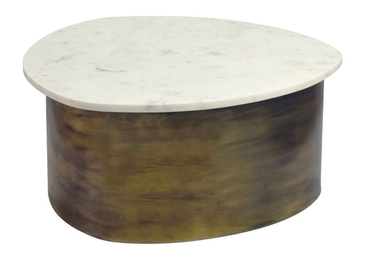 Couchtisch Gold 63 cm mit runder weißer Marmorplatte und rundem Aluminiumgestell in Gold-Optik, Gesamtansicht.