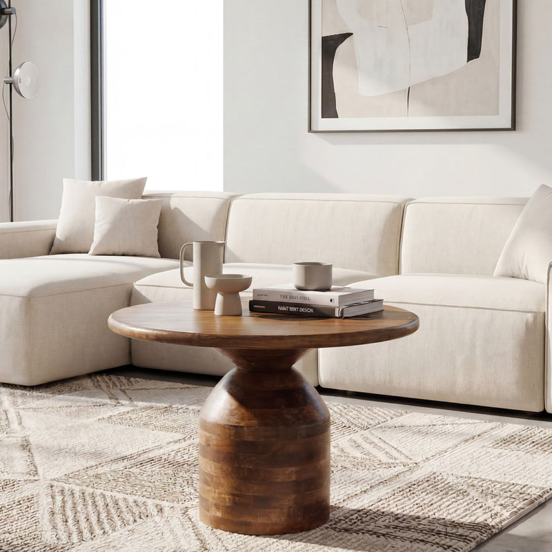 Couchtisch Mango Massivholz rund, 60 cm mit Säulenfuß, Wohnzimmer