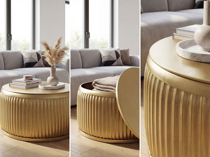 Couchtisch Rund Gold 60 cm mit Stauraum – Metall-Beistelltisch