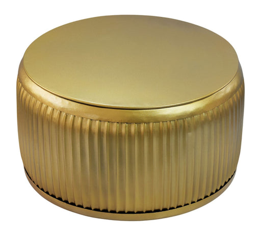 Couchtisch Rund Gold 60 cm mit Stauraum, rundes Metallgestell in Goldfarbe und glatte Tischplatte in Gesamtansicht.