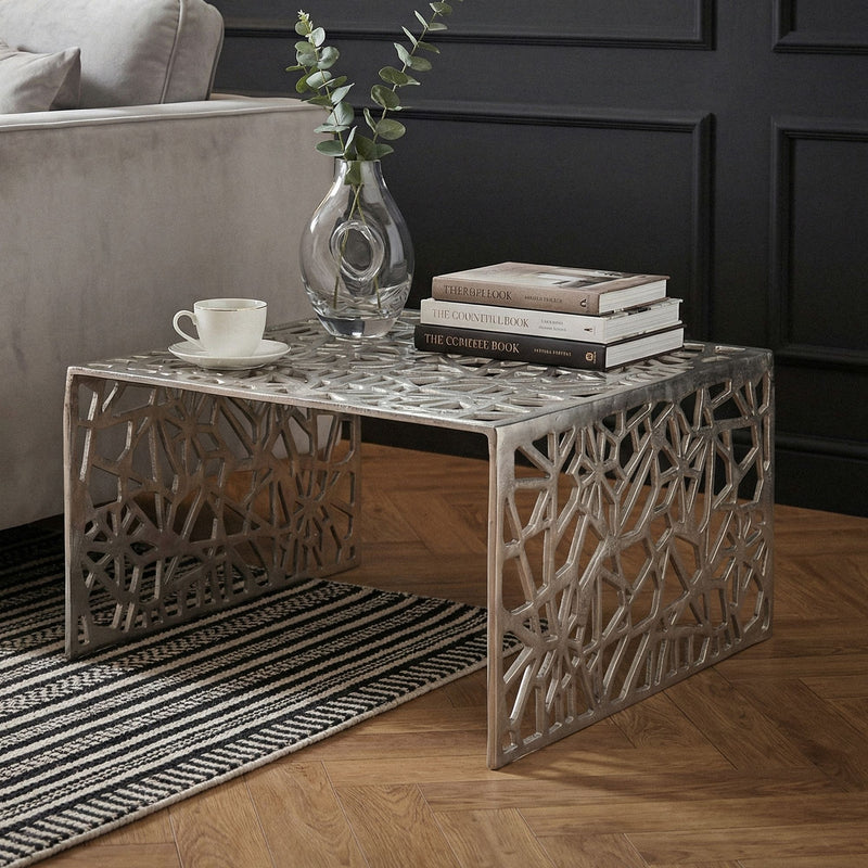 Couchtisch Aluminium Silber 60x60 cm mit Astmuster im Handmade-Design